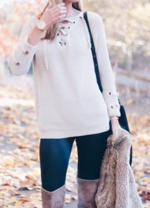 lace up sweater with leather leggings and over the knee boots