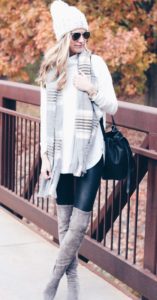 winter outfit: suede over the knee boots and leather leggings with tunic sweater and scarf