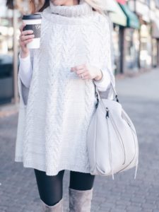 gray moto hobo rebecca minkoff bag with knit cowl neck poncho and leather leggings