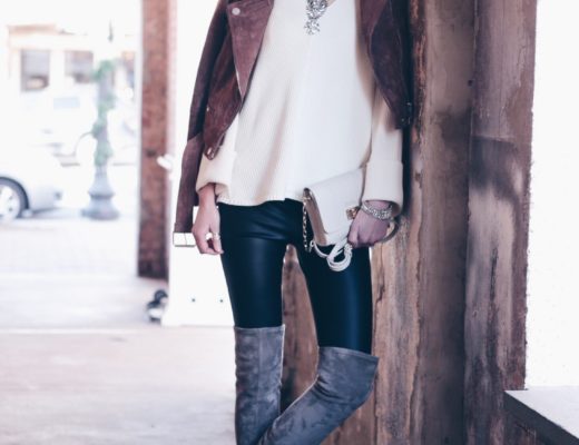 leather leggings outfit: over the knee suede boots and brown suede moto jacket with white free people sweater and bib necklace