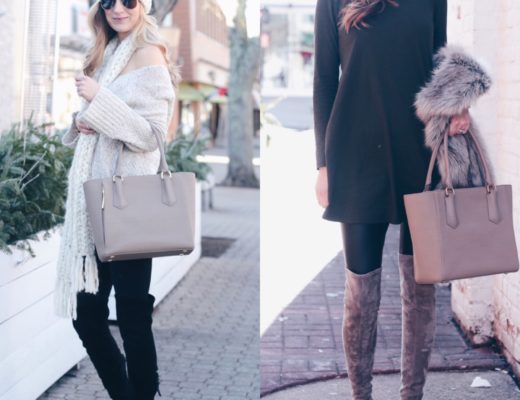 neutral tote bag and suede over the knee boots