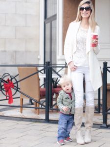 neutral winter outfit: white drape cardigan over lace tunic and white denim