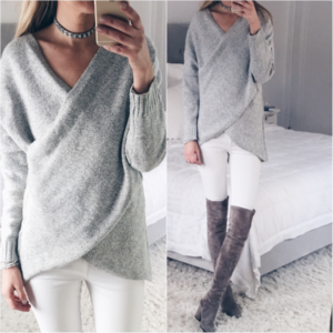 nursing crossover sweater with white denim and over the knee boots