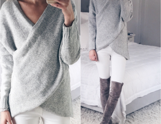 nursing crossover sweater with white denim and over the knee boots