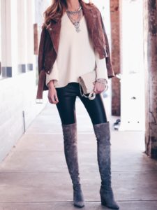 leather leggings outfit with suede over the knee boots and white free people sweate road moto jacket