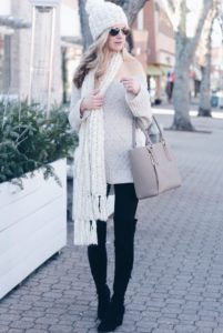 winter leggings outfit with neutral sweater and over the knee boots