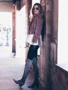 winter outfit: leather leggings with suede over the knee boots and moto jacket