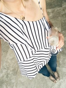 blue and white striped ruffled one shoulder top
