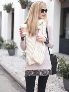 mock layer sweater dress with chunky knit ivory scarf
