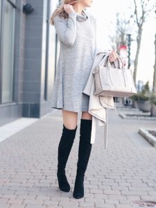 gray cowl neck dress with black suede over the knee boots