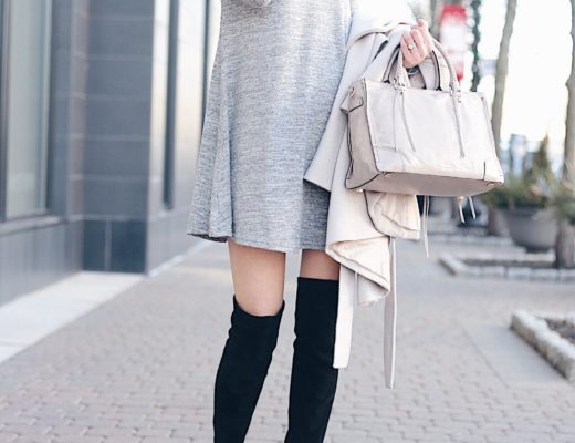 gray cowl neck dress with black suede over the knee boots