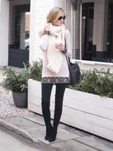 mock layer pink sweater dress with over the knee boots