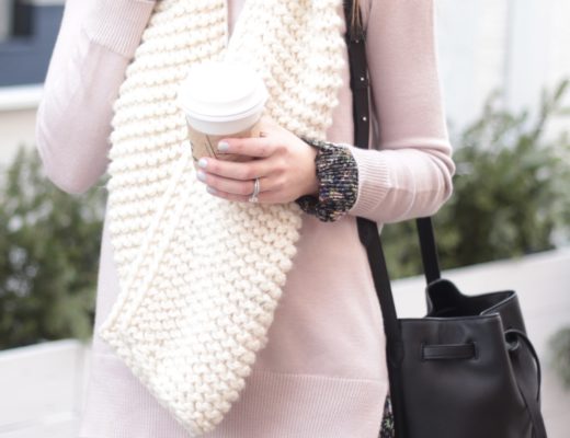 mock layer sweater dress with chunky knit ivory scarf