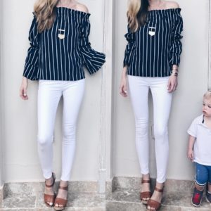 navy and white striped off the shoulder top with white skinny jeans and cognac wedge sandals