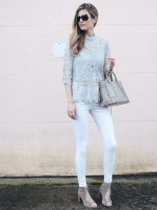 spring outfit: gray lace peplum top with white skinny jeans and neutral peep toe booties