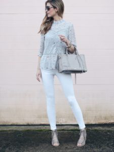 spring outfit gray lace peplum top with white skinny jeans and lace up peep toe booties