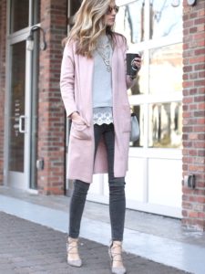 spring outfit: long pink sweater cardigan with gray denim and heels