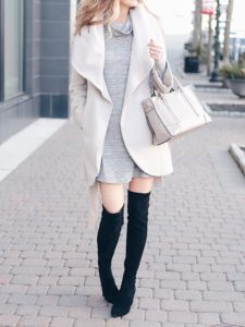 winter outfit: neutral wool wrap coat over turtleneck dress with black suede over the knee boots