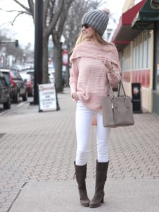 winter white outfit: off the shoulder pink knit sweater with white skinny jeans