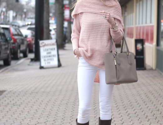 winter white outfit: off the shoulder pink knit sweater with white skinny jeans