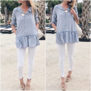 blue peplum tunic with white skinny jeans and wedge sandals