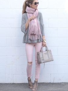 spring outfit: pink denim with gray ruffle hem Gibson top and lace up booties