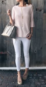 spring outfit: pink ruffle sleeve top with white skinny jeans and blush suede wedges