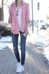 spring outfit: pink utility jacket