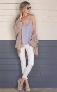 spring outfit: slouchy pink cardigan over free people violet cami