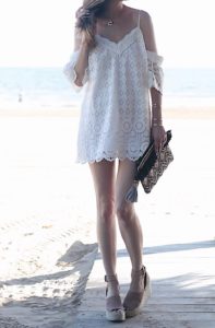 white cold shoulder crochet mini dress with Marc fisher espadrille wedge