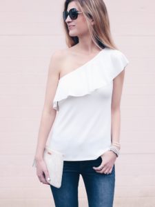 white one shoulder ruffle top