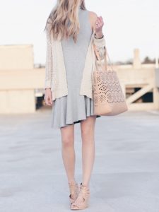 Easter dresses for women: gray asymmetric hem turtleneck dress with open knit cardigan sweater