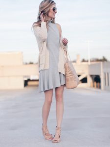 easter dresses for women: gray dress with neutral open knit cardigan and accessories