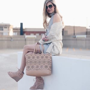 easter dresses for women: gray tank dress with open knit cardigan and neutral bag and wedges