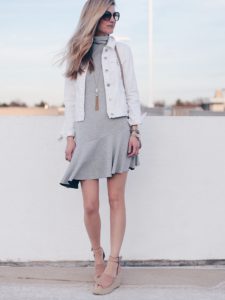 Easter Dresses for women: gray turtleneck dress with white denim jacket