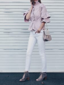 purple ruffle sleeve blouse and designer dupe handbag