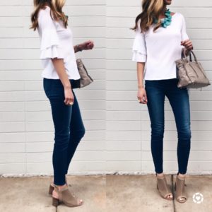 spring outfit idea: $35 ruffle tee with skinny jeans and booties