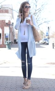 spring outfit idea: long cardigan with jeggings and white fitted tee