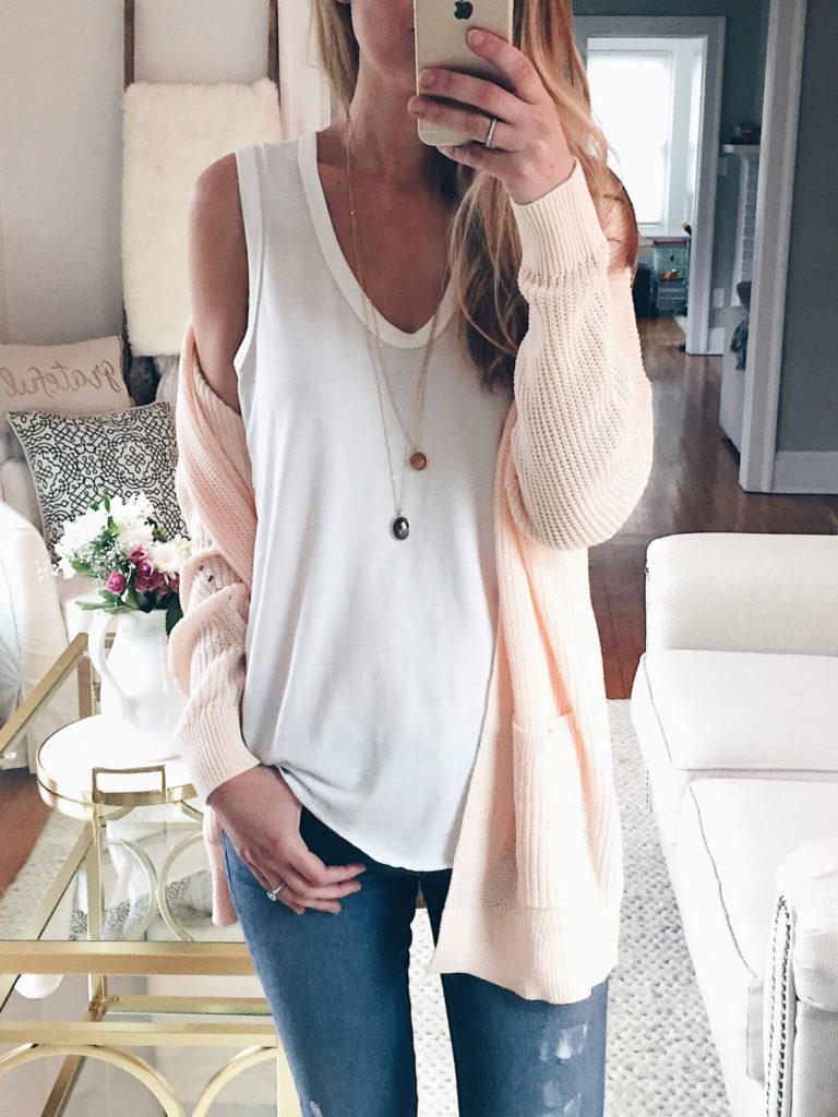 Connecticut life and style blogger, Pinteresting Plans shares a round-up of spring outfit ideas that she showcased on her Instagram. spring outfit idea: peachy pink cardigan