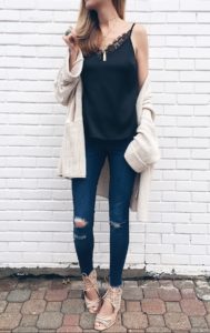 spring outfit idea: slouchy cardigan over satin camisole with skinny jeans and wedges