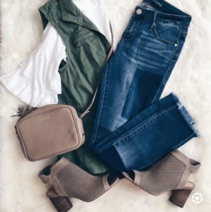 spring outfit idea: utility vest with ruffle sleeve tee