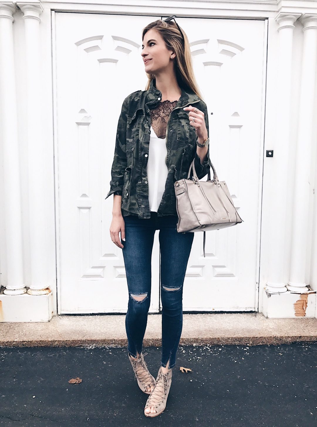 spring outfit ideas: camo jacket with lace insert camisole