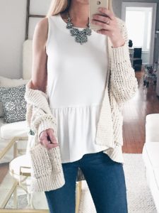 spring outfit ideas: cardigan over peplum tank