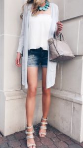 spring outfit ideas: duster cardigan and camisole with denim cut offs