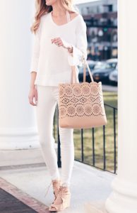 spring outfit ideas: monochrome white skinny jeans and white sweater