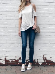 spring trend: statement sleeves: cold shoulder knotted tee