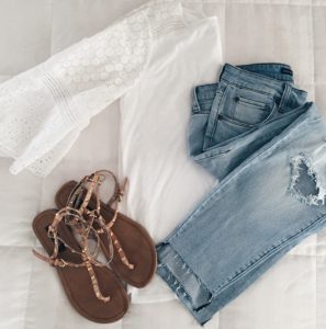 statement sleeves: bell sleeve embroidered tee with boyfriend jeans and rock stud sandals