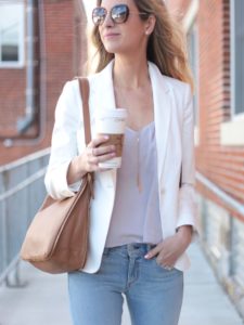 step hem skinny jeans and white blazer outfit