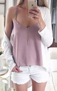 summer outfit ideas - pink camisole with white cardigan and jeans shorts