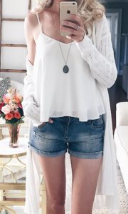 summer outfit ideas - white cami with denim shorts and long duster cardigan